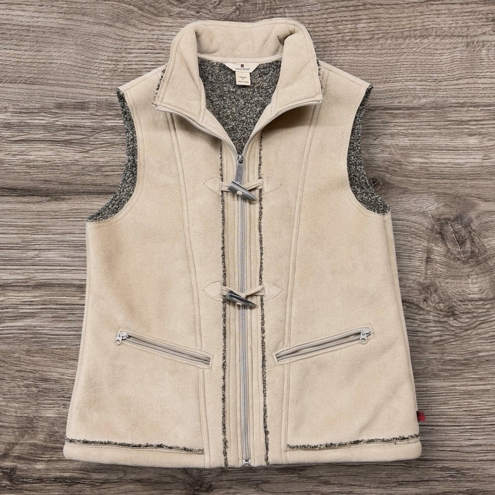 Woolrich Women M Khaki Faux Suede Sherpa Lined Toggle Full Zip Vest Warm Pockets